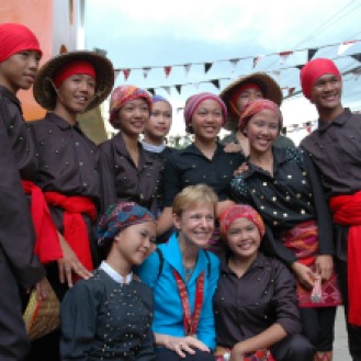 US Ambassador Kristie Kenney with the Datu Bantilan Dance Troupe in traditional Yakan costume.